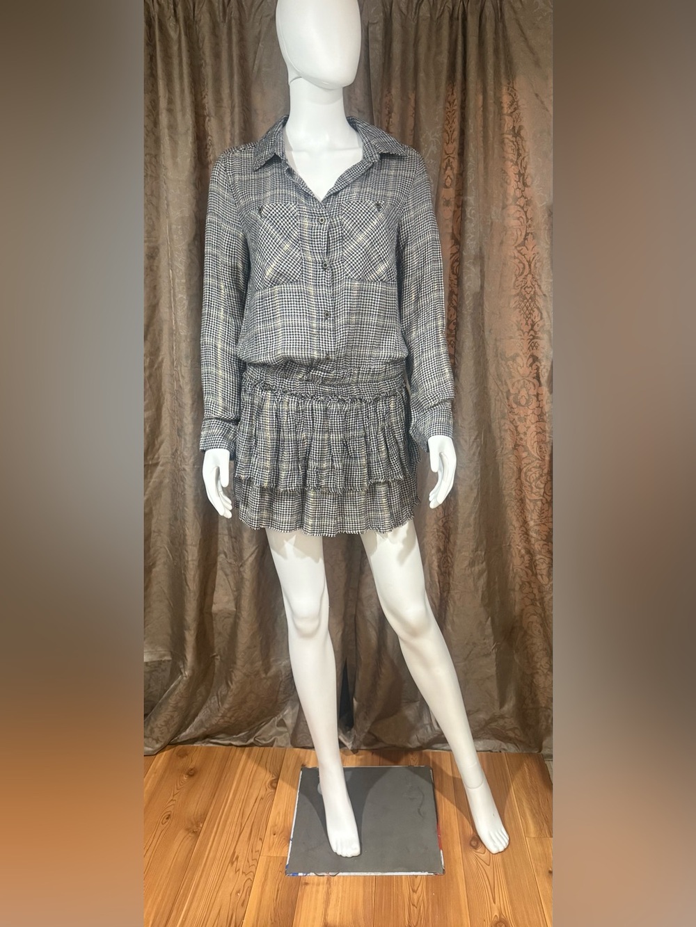 Vintage Havana Gray Plaid Ruffle Mini Dress